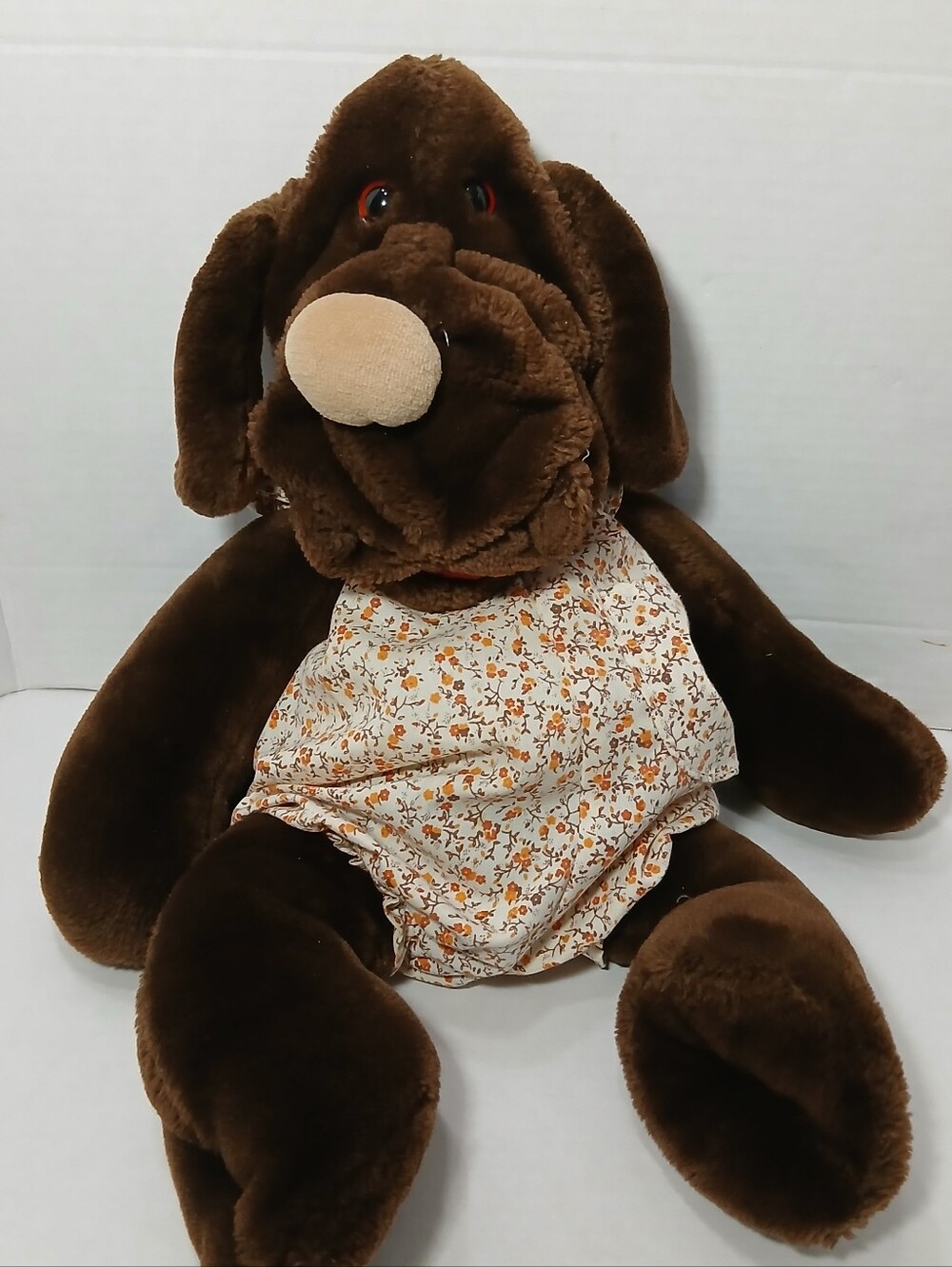 17" Vintage Ganz Bros Wrinkles Puppet Dog Plush Floral Dress Stuffed Brown